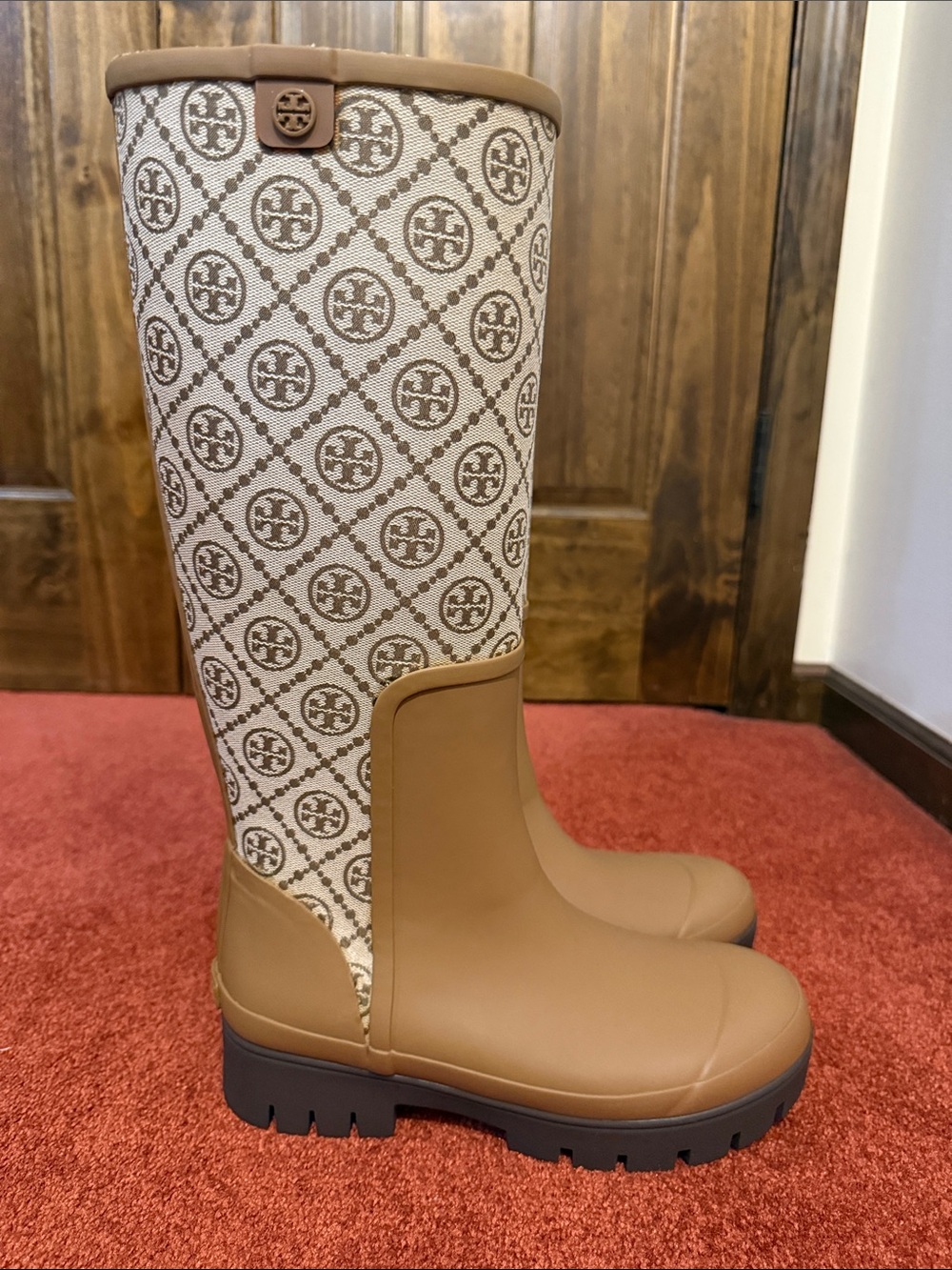 Tory Burch Tan Logo-Pattern Tall Rain Boots NWB